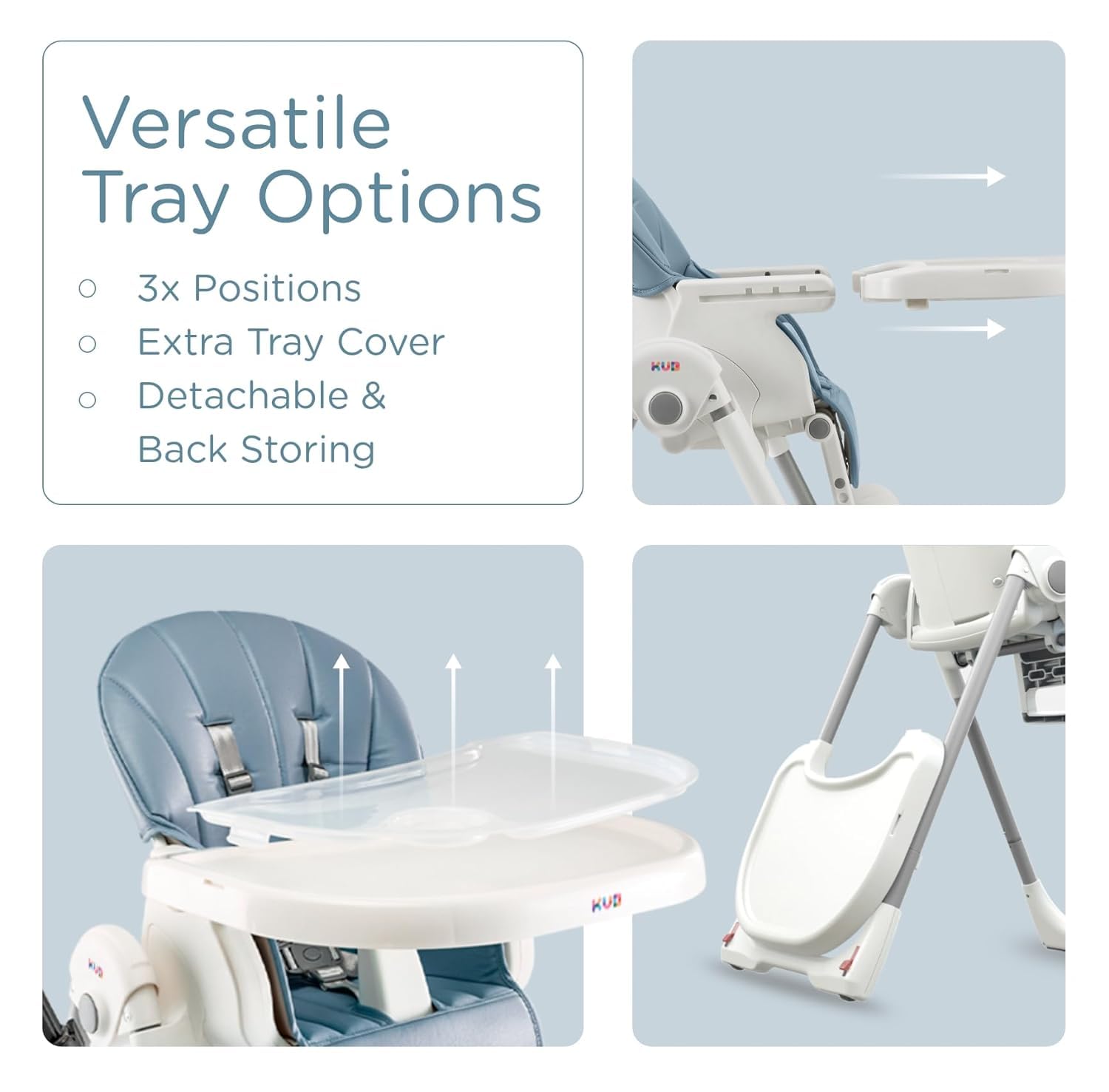 KÜB 3-in-1 Foldable Baby High Chair with Toys - 7 Height & 4 Recline Adjustable, Removable Seat & Tray for Easy Cleaning, 2 Locking Wheels - Multifunctional Infant Highchair for Babies & Toddlers (Blue) - Perfect for Dining, Feeding, and Playtime at Home or Travel