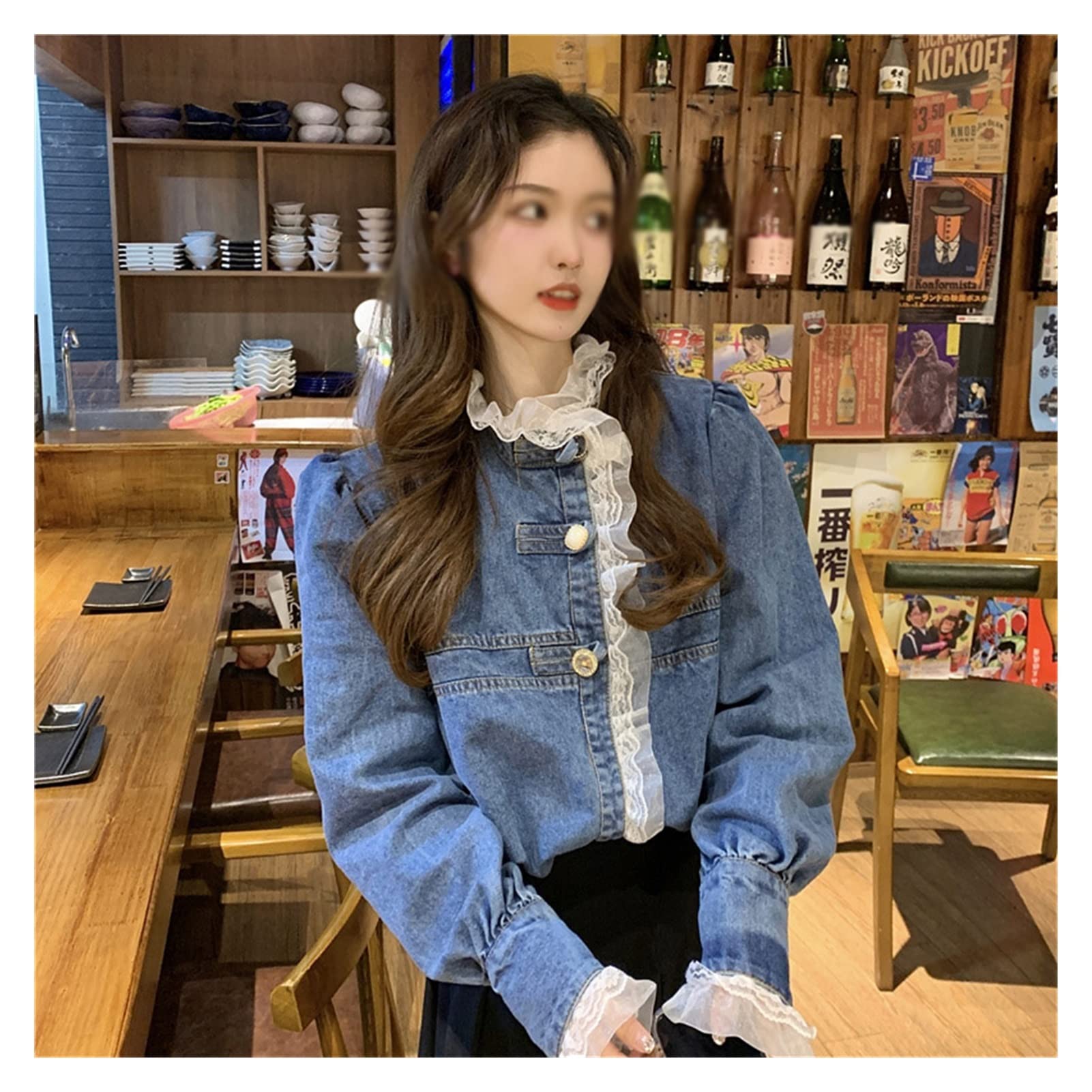 Women's Stand-Up Collar Long Sleeve Denim Shirt for Spring & Autumn | Classic Blue Denim Top (One Size) - Perfect for Casual Outings, Office Wear & Layering