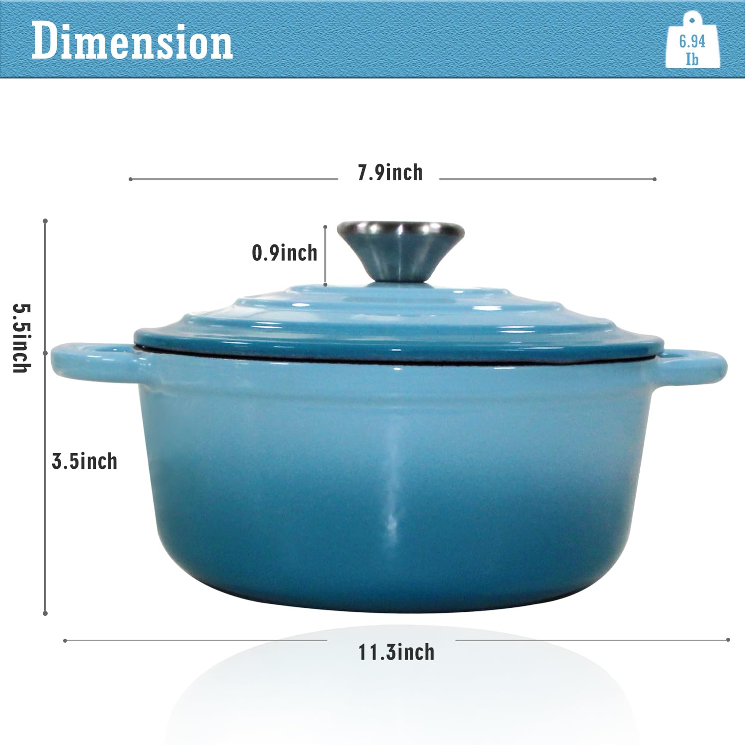 Enameled Cast Iron Dutch Oven 2.1 QT with Lid - Teal Colored Dual Handle Pot for Baking Bread, Braising, Roasting & Slow Cooking | Perfect for Camping, Family Dinners & Gift Giving