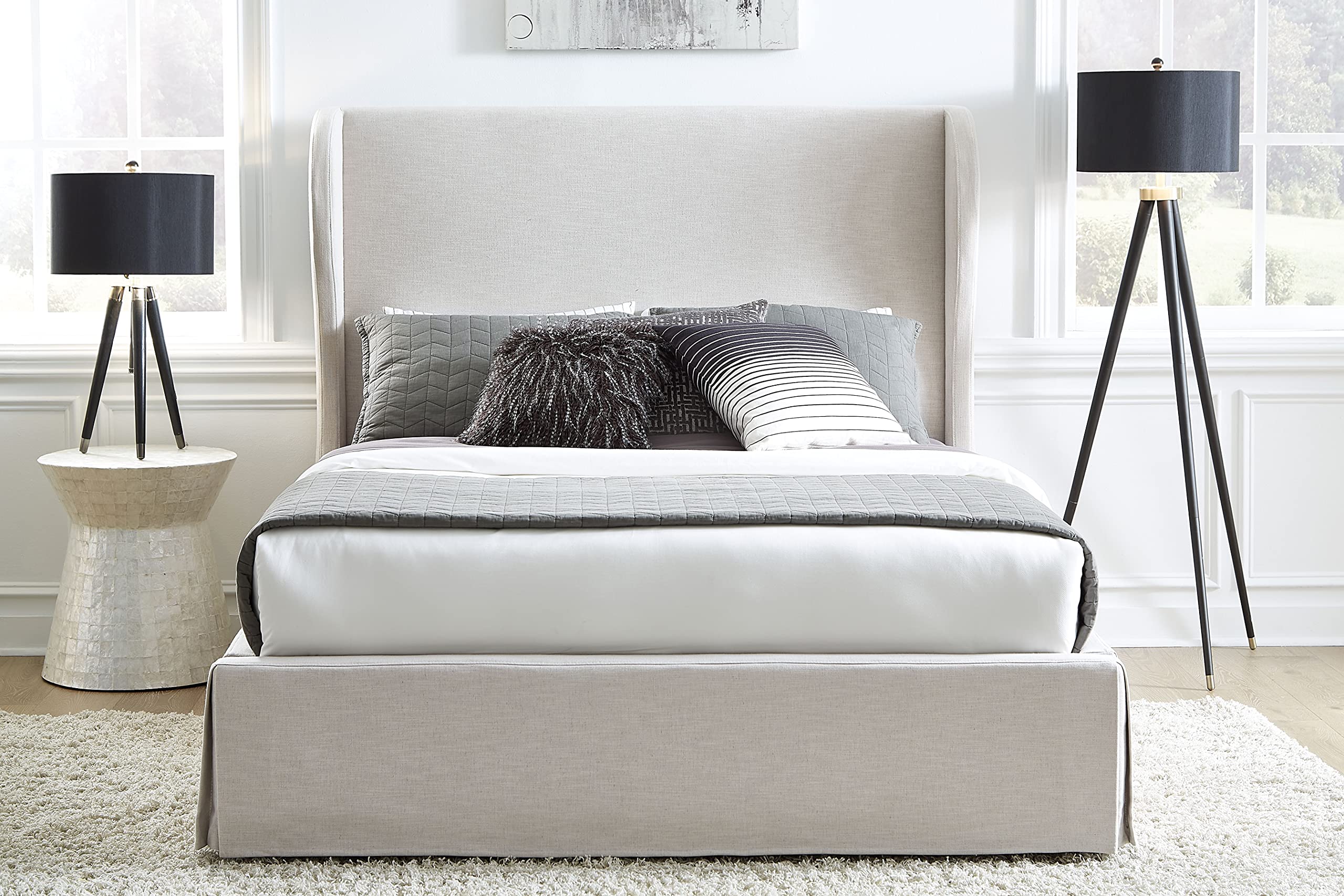 Modus Furniture Solid Wood Upholstered Panel Queen Bed Frame - Hera Collection in Oatmeal Fabric | Modern Bedroom Furniture for Master Bedroom & Guest Room
