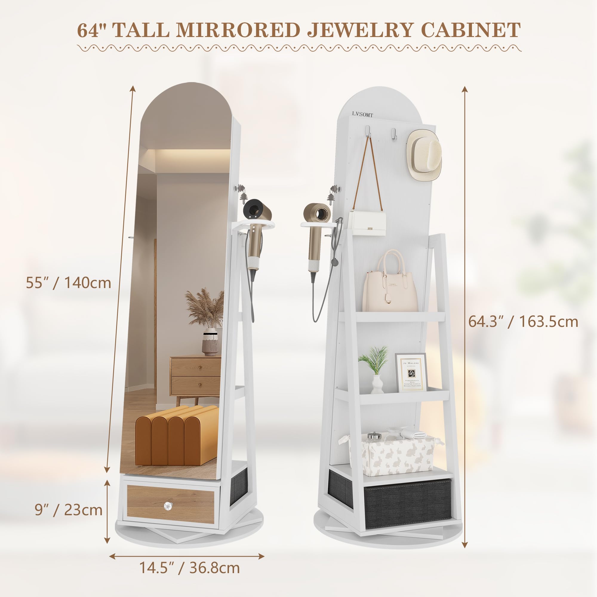 360° Swivel Arched Jewelry Mirror Cabinet with LED Lights - 64