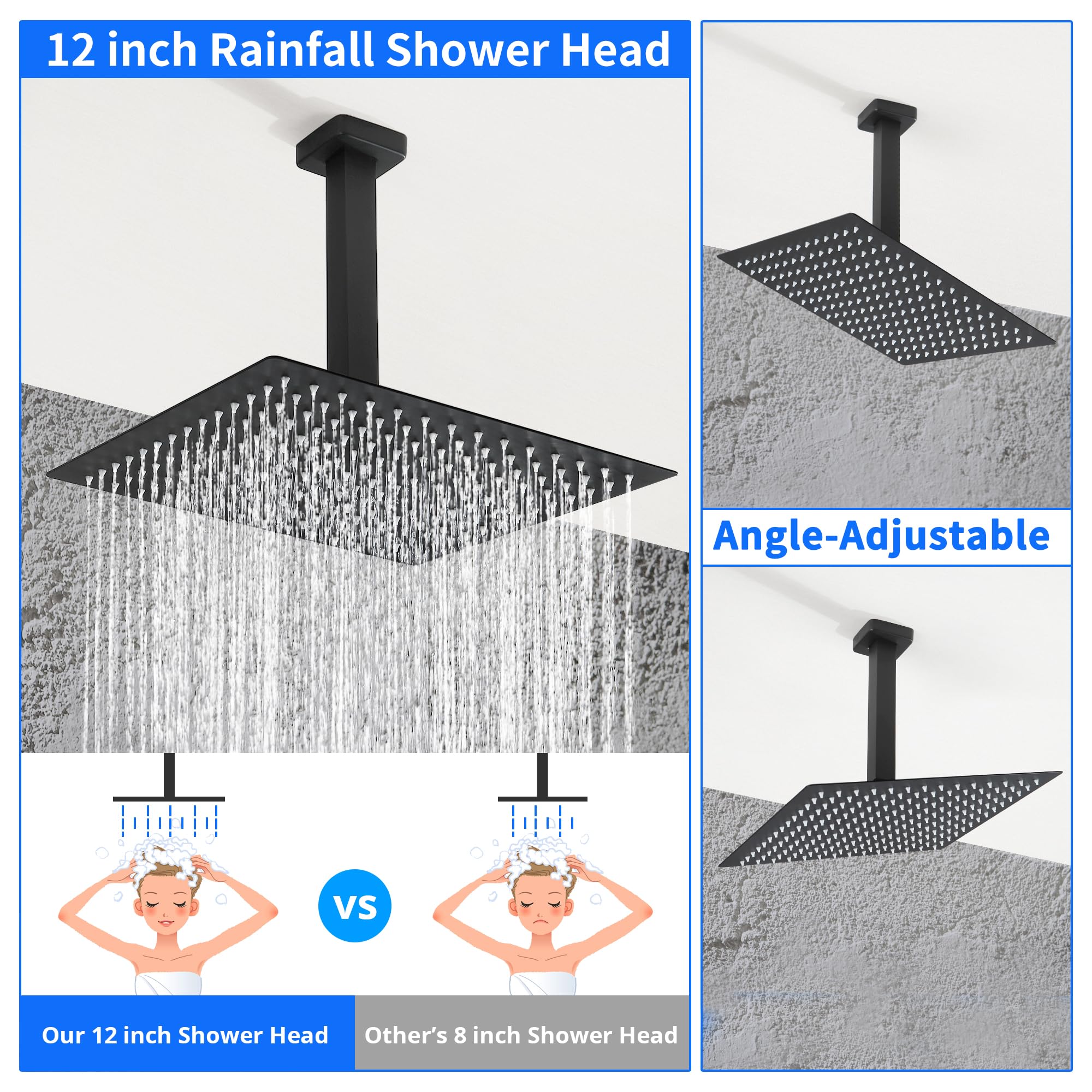 SKWOLL Matte Black Shower Faucet Set - 12 Inch Ceiling Mount Rain Shower Head with Digital LCD Display & 2 Function Valve Kit | Modern Bathroom Upgrade for Spa-Like Experience