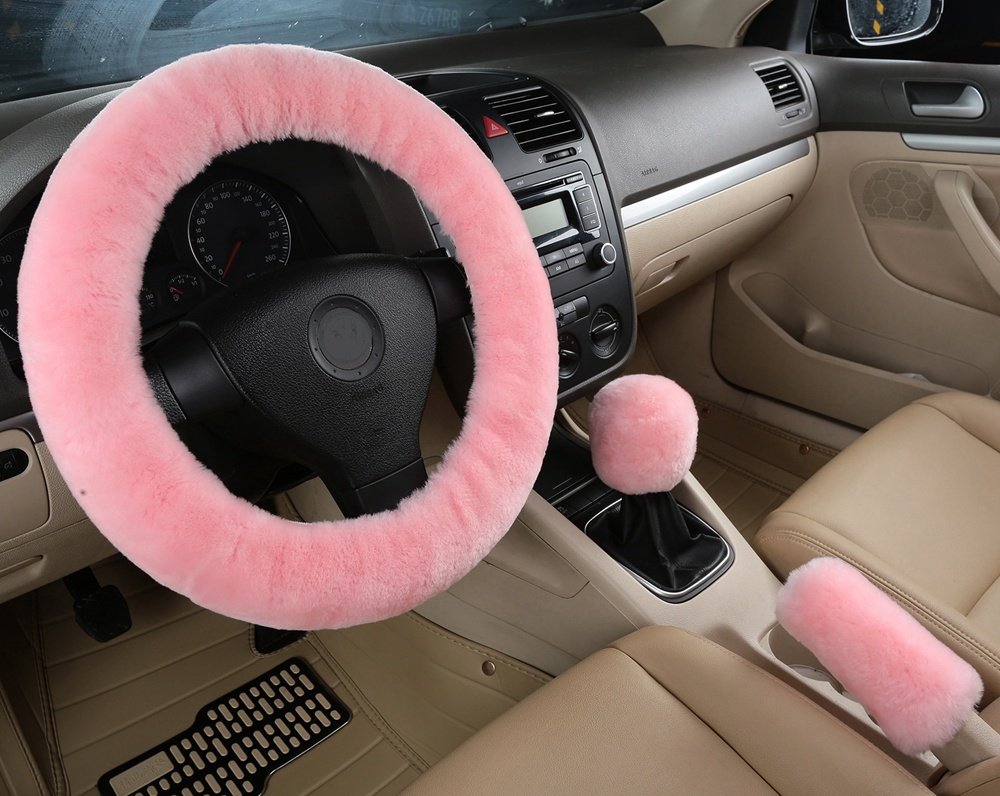 Dotesy Genuine Sheepskin Steering Wheel Cover Set - 3 Piece Auto Accessories with Gear Shift & Handbrake Covers | Universal Fit for 15 Inch Wheels | Premium Australian Wool | Soft & Comfortable Driving Experience | Perfect for Winter Warmth & Luxury Car Interior Upgrade (Pink)