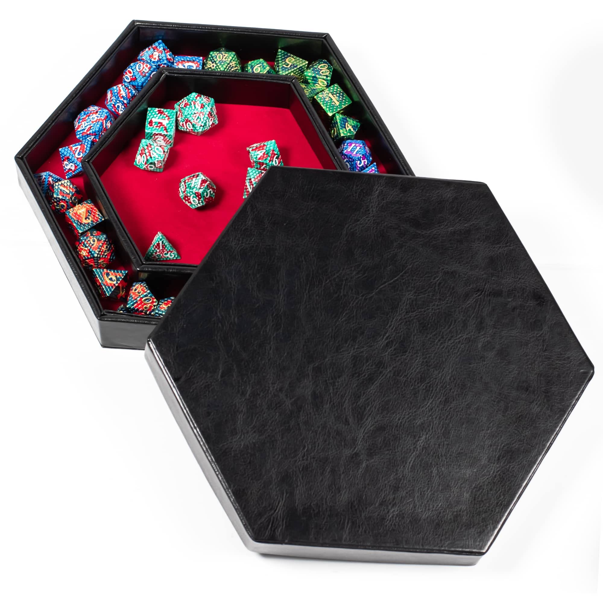 Premium Hexagonal D&D Dice Tray - 2-in-1 Rolling & Storage Tray with Faux Leather, Red Color for Dungeons & Dragons, Magic: The Gathering, RPG Games - Perfect for Tabletop Gaming Sessions & Dice Organization