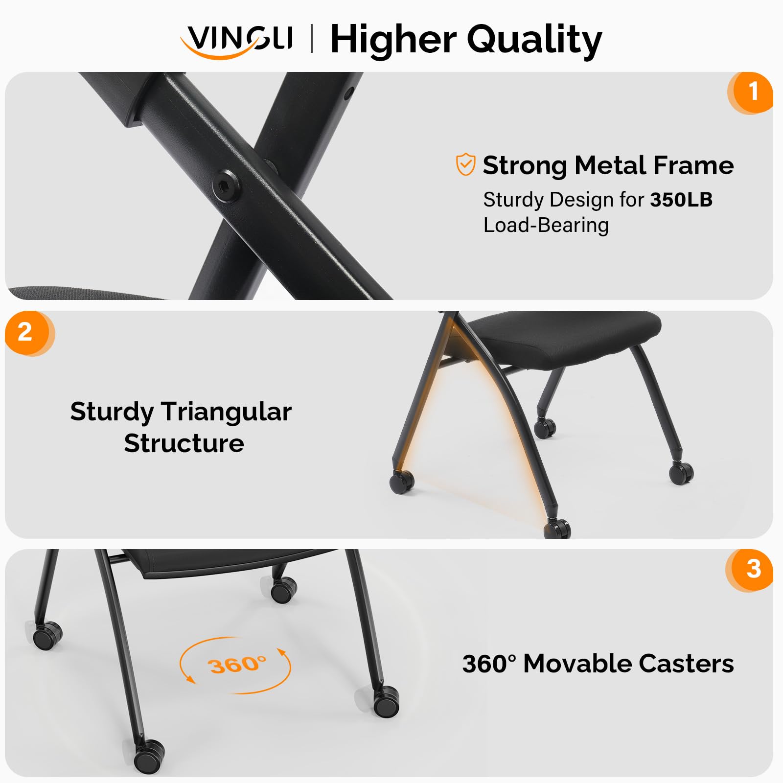 Stackable Rolling Office Chairs with Wheels - Ergonomic Folding Conference Room Chairs for Training, Guest Reception & Events - 350lb Weight Capacity - Perfect for Meetings, Seminars & Office Spaces