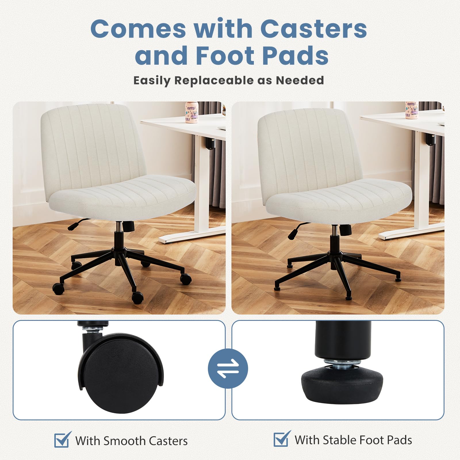 DUMOS Criss Cross Office Chair with Wheels - Adjustable Swivel Fabric Task Chair, Armless Wide Seat for Home Office & Vanity Desk - Ergonomic Rolling Chair for Work, Study, and Makeup Station