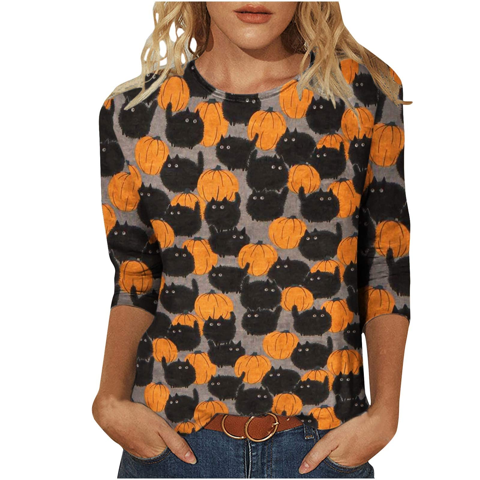 Miximx Halloween Women's Graphic Print Long Sleeve Crewneck T-Shirt | Fall & Autumn Blouse | Cute Casual Top for Halloween Parties, Pumpkin Patch, Thanksgiving & Seasonal Outfits