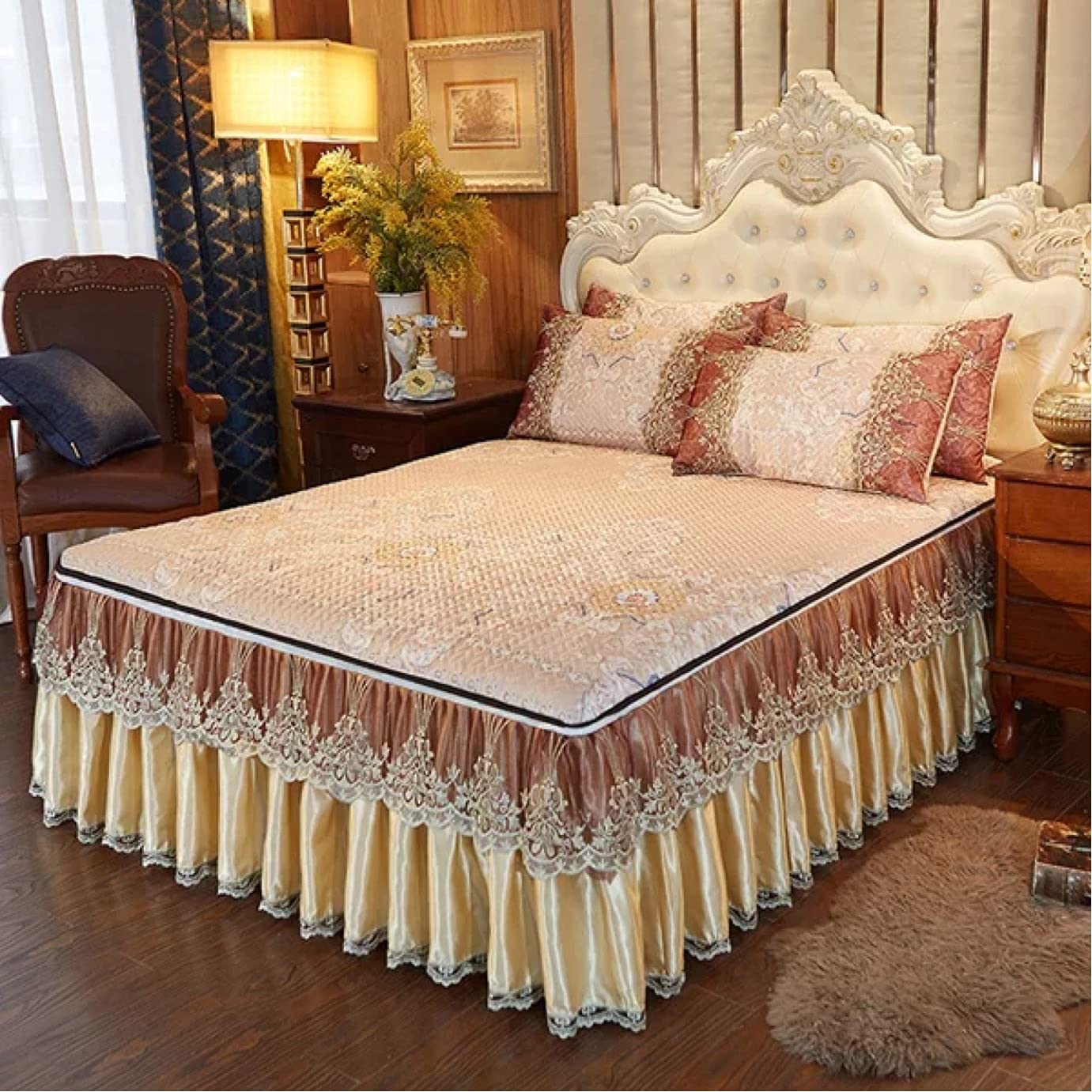 Embroidered Lace Wrap Around Bed Skirt - Dust Ruffle, Non-Slip, Wrinkle & Fade Resistant - Thick Bed Sheet Coverlet for Queen/King Size Beds | Perfect for Bedroom Decoration & Dust Protection