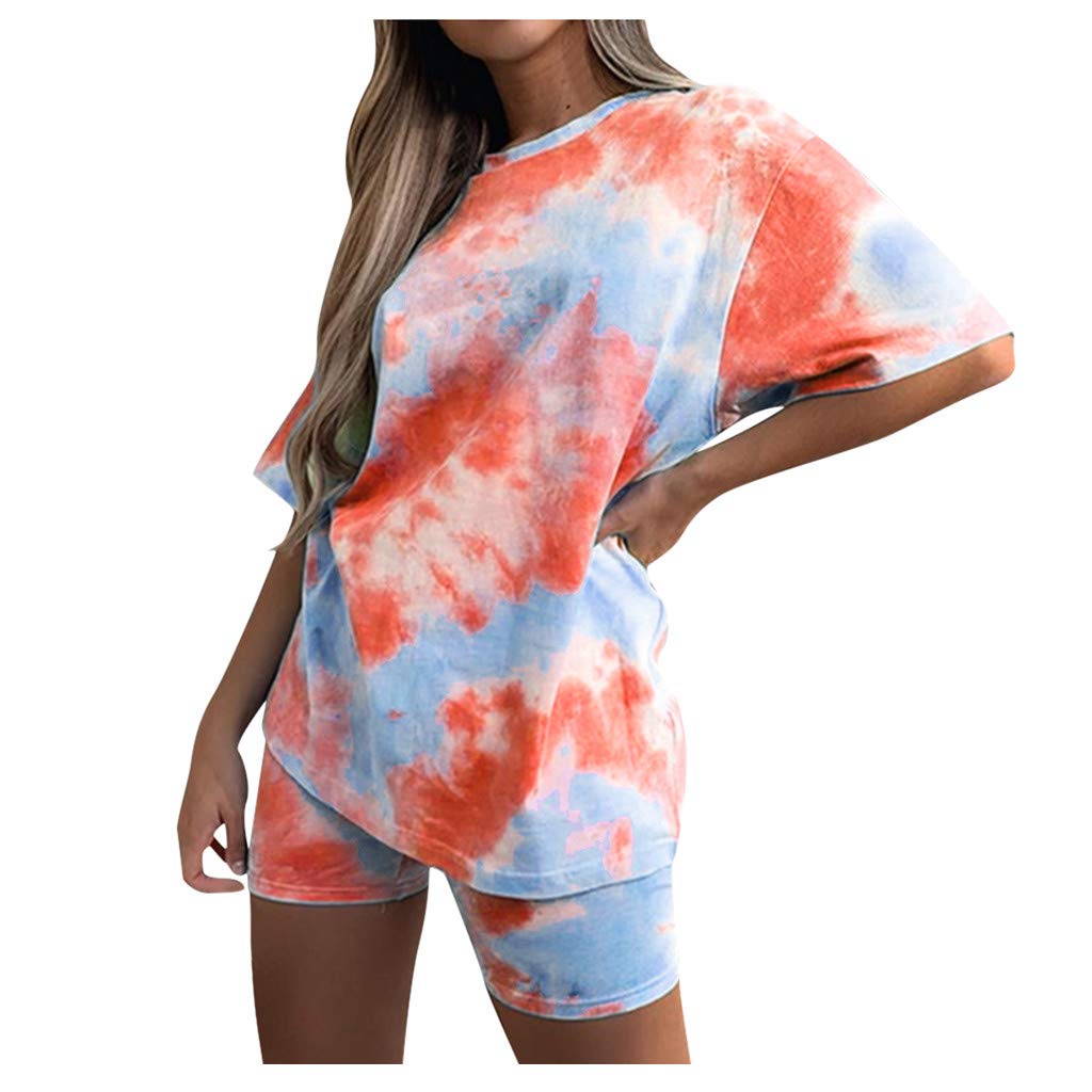 Women's Short Sleeve 2-Piece Casual Pajama Set - Crewneck Gradient Sleepwear Outfit (Orange, Medium) | Comfortable Lounge Wear for Home, Sleep & Relaxation