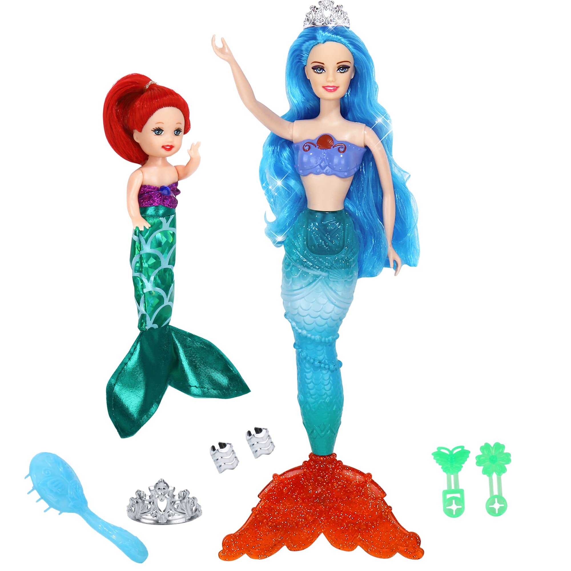Blue Hair Princess Mermaid Doll with Little Ariel Mermaid & Accessories - Best Mermaid Gift for Girls Ages 3-8 - Bath Toys for Kids, Birthday Party Favors & Underwater Playtime Fun