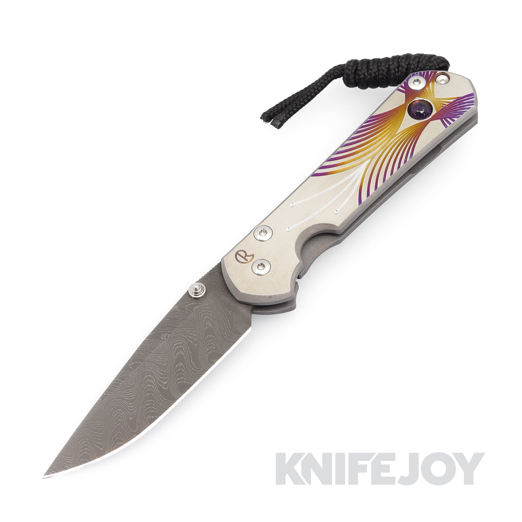 Chris Reeve Knives Small Sebenza 31 Folding Knife - Damascus Steel Drop Point Blade with Amethyst Cabochon & Boomerang Graphic Handle | Premium EDC Pocket Knife for Outdoor, Camping & Collectors