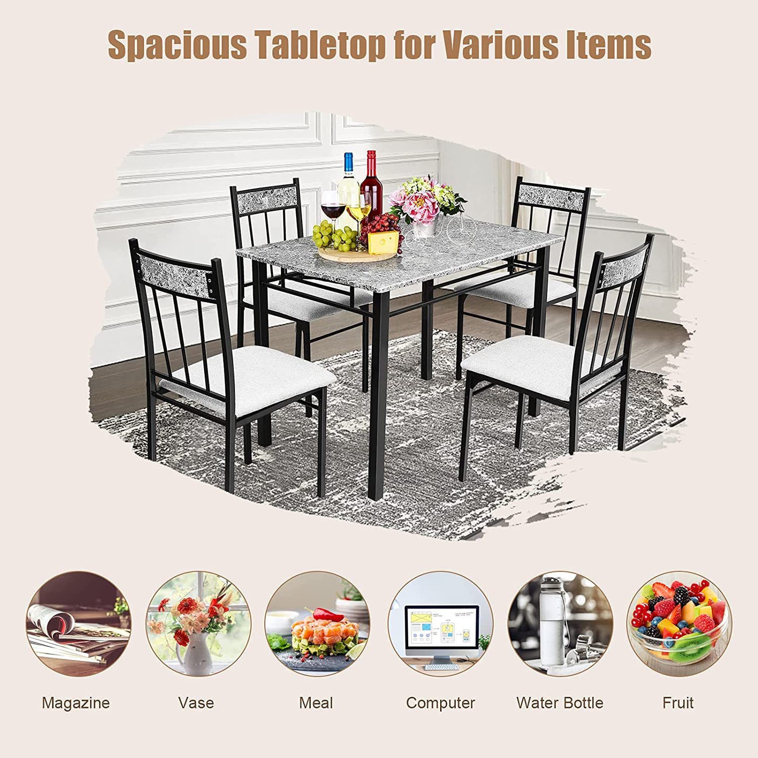 Modern 5-Piece Marble Dining Table Set with Sponge Cushion - Kitchen & Dining Room Furniture for Apartment, Restaurant, Living Room | Perfect for Family Gatherings, Dinner Parties & Small Space Dining