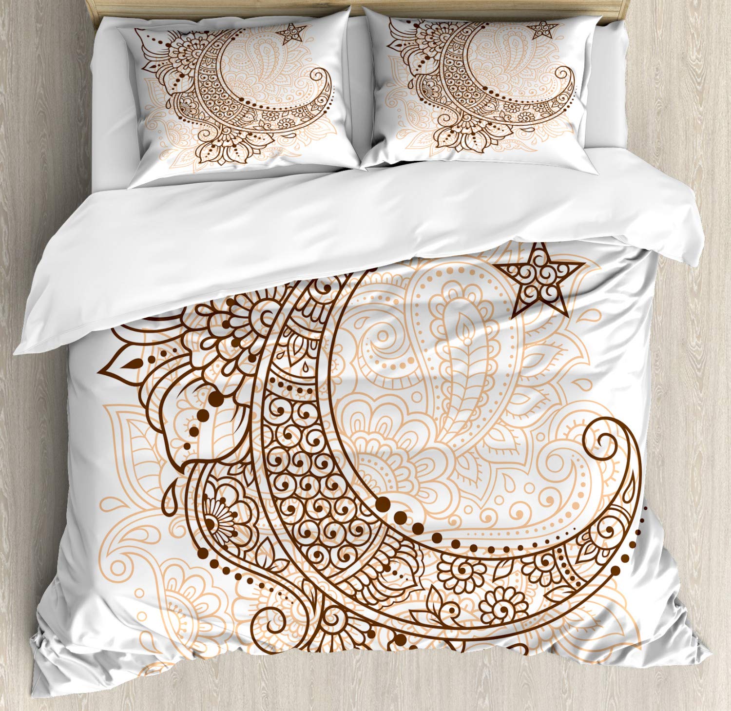 Ambesonne Half Moon Duvet Cover Set King Size - Mystic Oriental Paisley Floral Crescent Star Design - 3 Piece Bedding Set with 2 Pillow Shams - Pale Peach & Chocolate - Bohemian Bedroom Decor for Master Bedroom or Guest Room