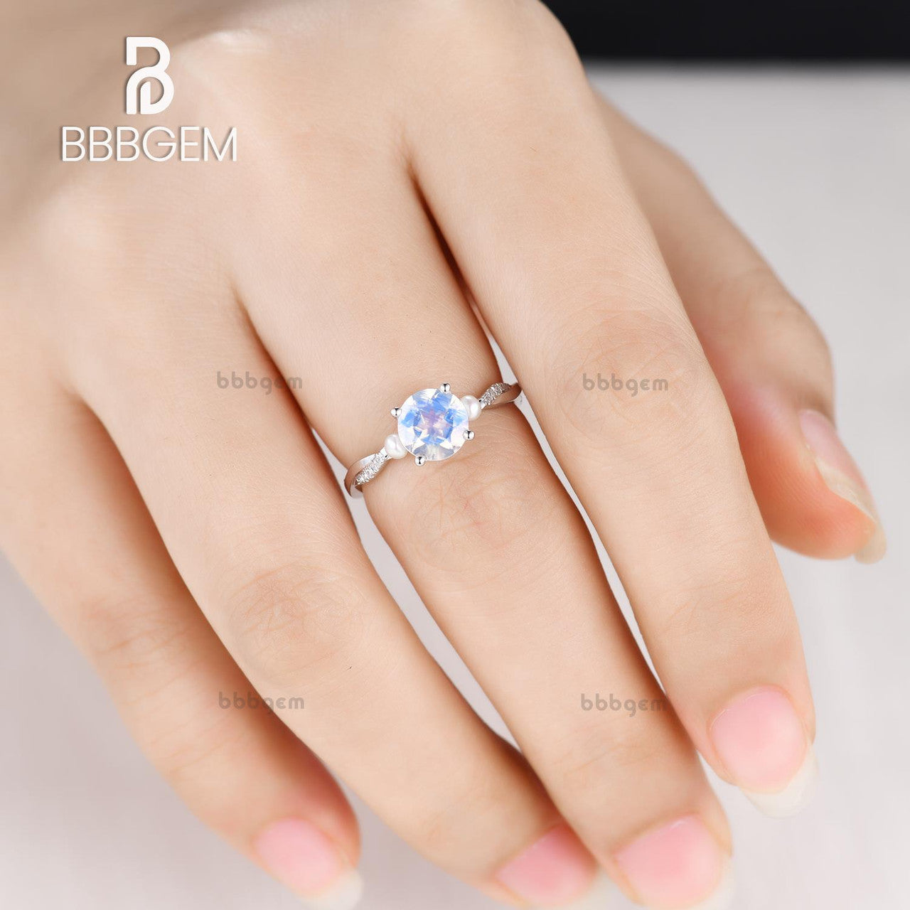 Infinity Round Cut Moonstone Engagement Ring with Akoya Pearl - 14K White Gold Three Stone Wedding Band for Bridal, Anniversary & Special Occasions