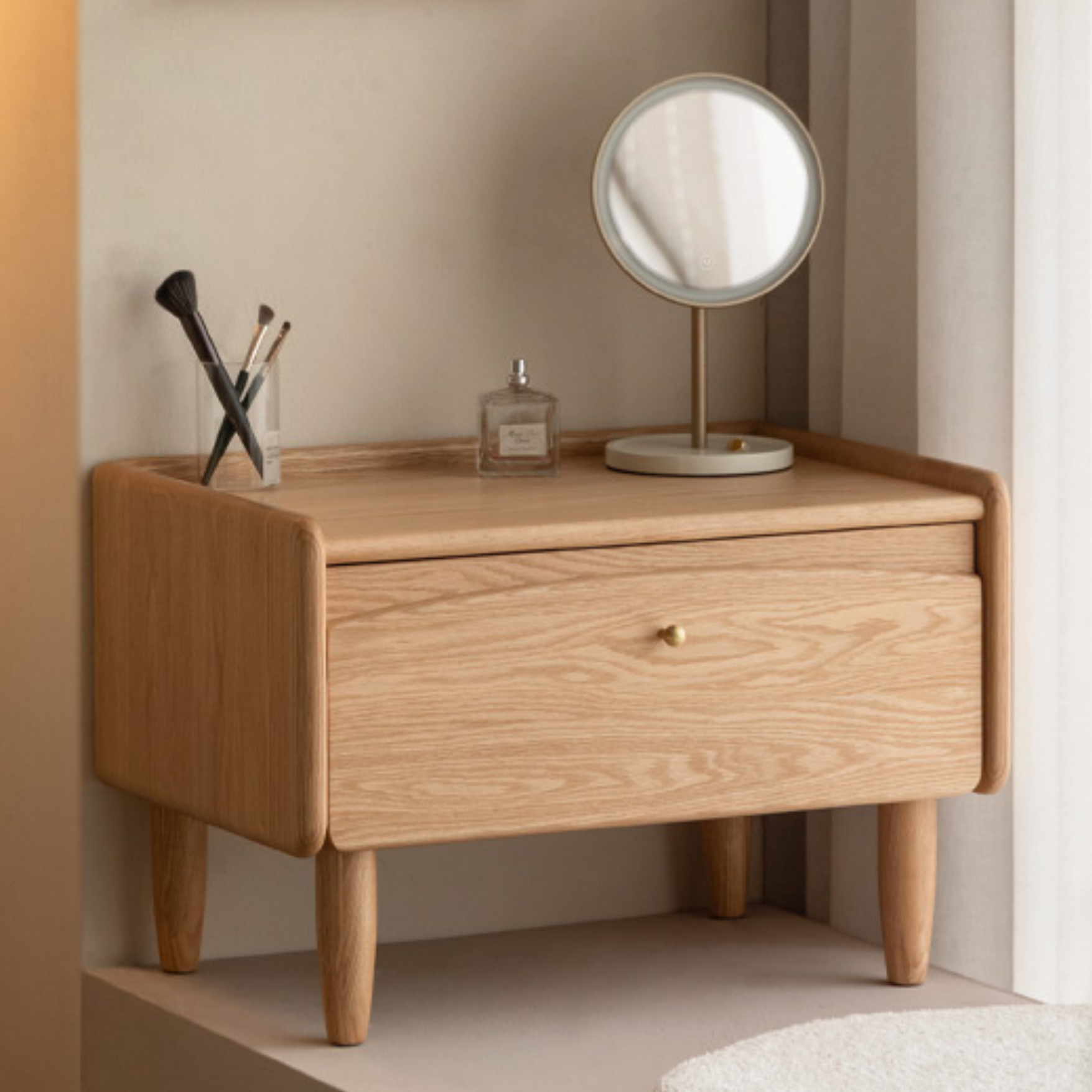 Solid Oak Wood Small Dressing Table with Mirror - Compact Vanity Desk for Bedroom, Makeup & Beauty Station - Perfect for Small Spaces & Apartment Living