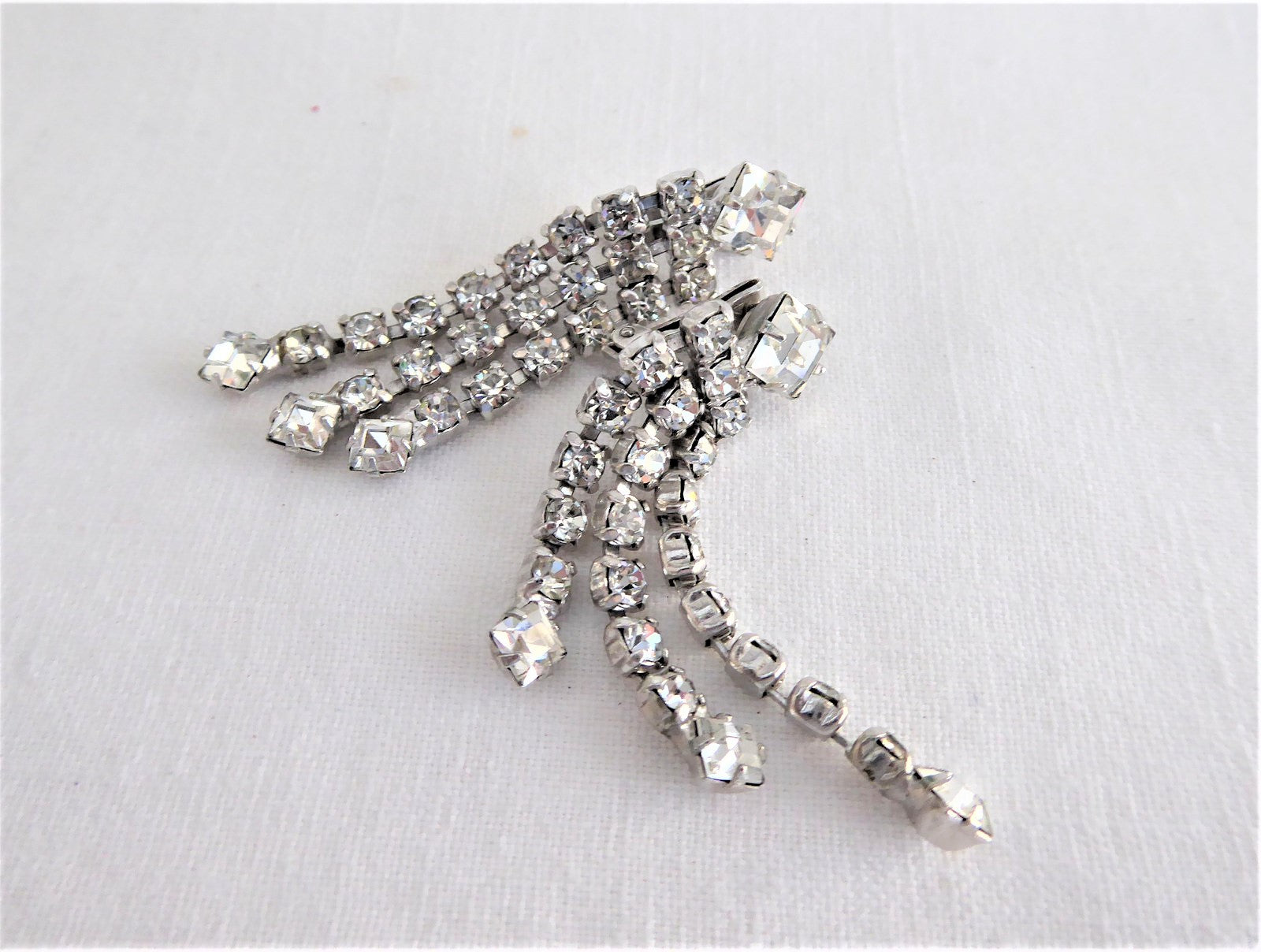 Vintage Rhinestone Dangle Earrings - 1960s Emerald Cut Round Waterfall Clip-Ons (Signed) | Perfect for Retro Parties, Weddings & Special Occasions