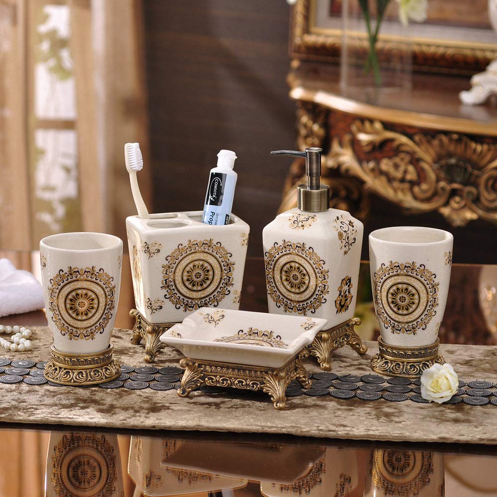 Vintage Ceramic Bathroom Accessories Set - 5 Piece Floral Decor with Soap Dispenser, 2 Tumblers, Soap Dish & Toothbrush Holder for Home, Hotel Vanity Counter | Elegant Beige Bathroom Decor for Modern and Classic Interiors
