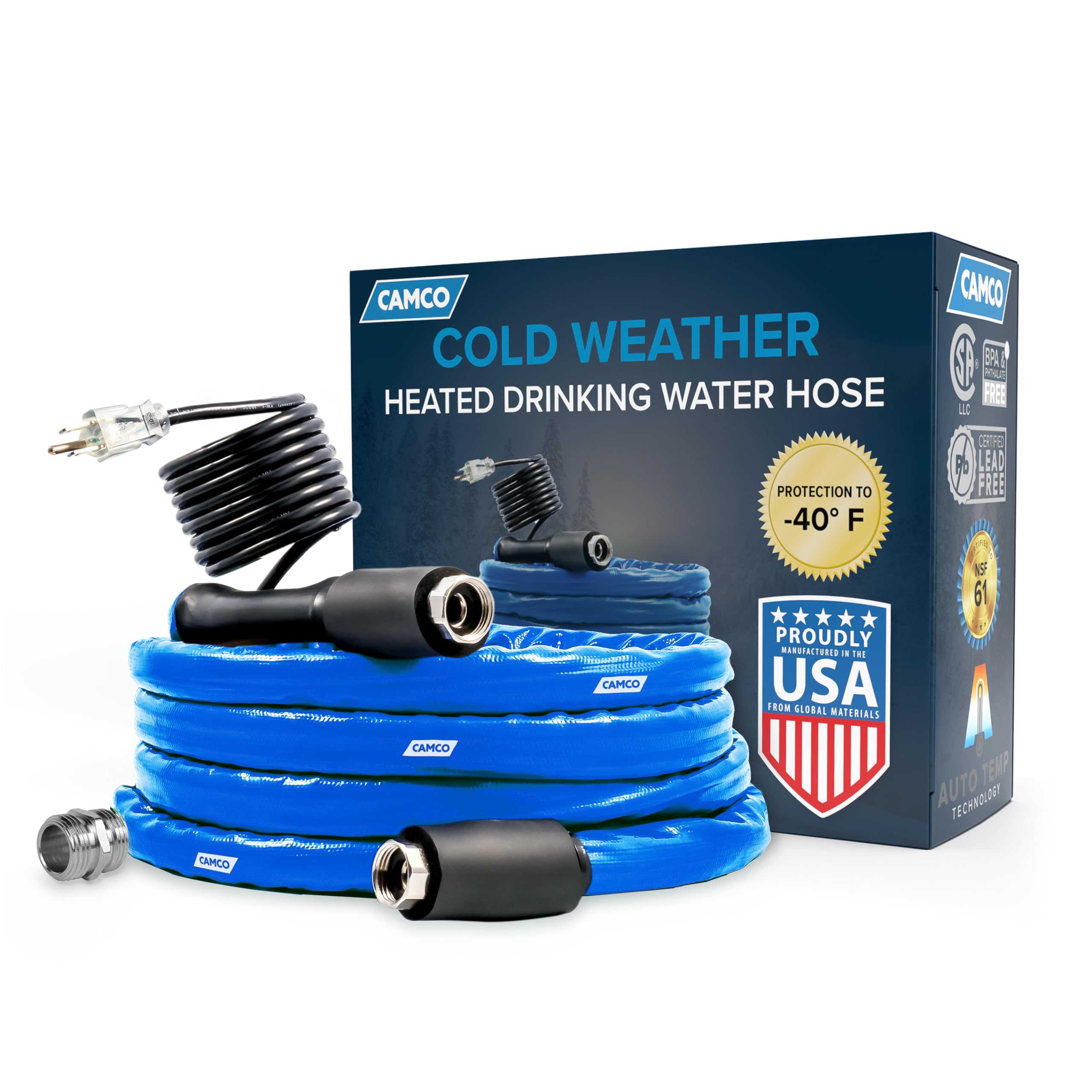 Camco 12-Foot Heated Drinking Water Hose with Freeze Protection Down to -40°F/C | Energy-Saving Thermostat | Includes Dual-End Adapters | RV, Camper & Winter Camping Essential | Safe for Drinking Water