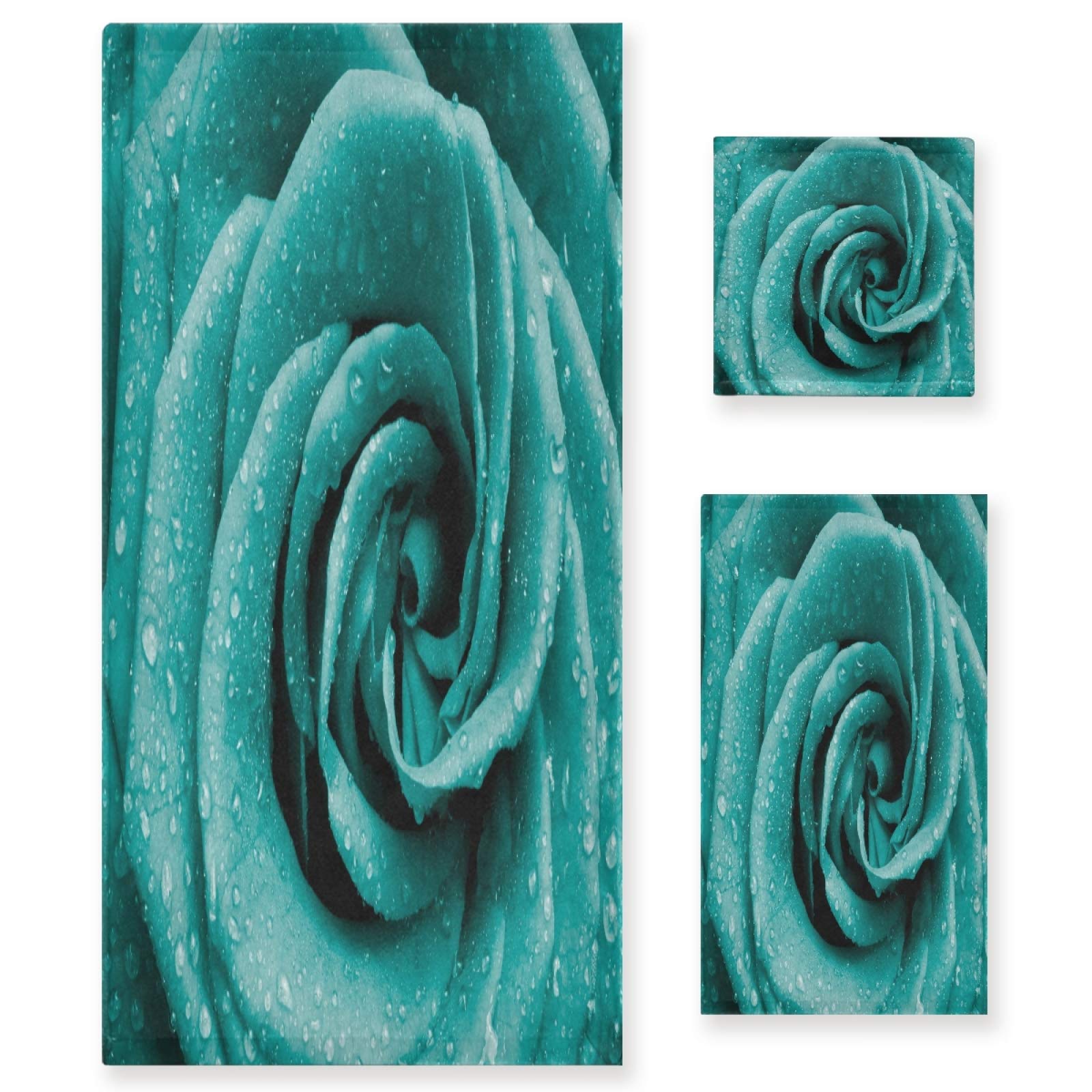 ALAZA 3-Piece Bath Towel Set - Soft Absorbent Quick-Drying Towels (1 Bath Towel, 1 Hand Towel, 1 Washcloth) in Hipster Turquoise Rose Petals Design - Perfect for Spa, Bathroom & Guest Room Decor