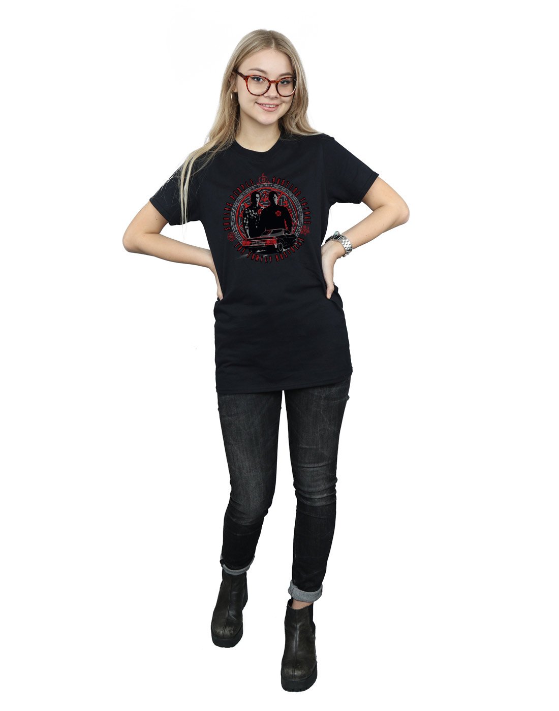 Supernatural Women's Family Business Boyfriend Fit T-Shirt - Medium Black | Soft Cotton Relaxed Fit Graphic Tee for Casual Wear, TV Show Merchandise & Fan Gifts