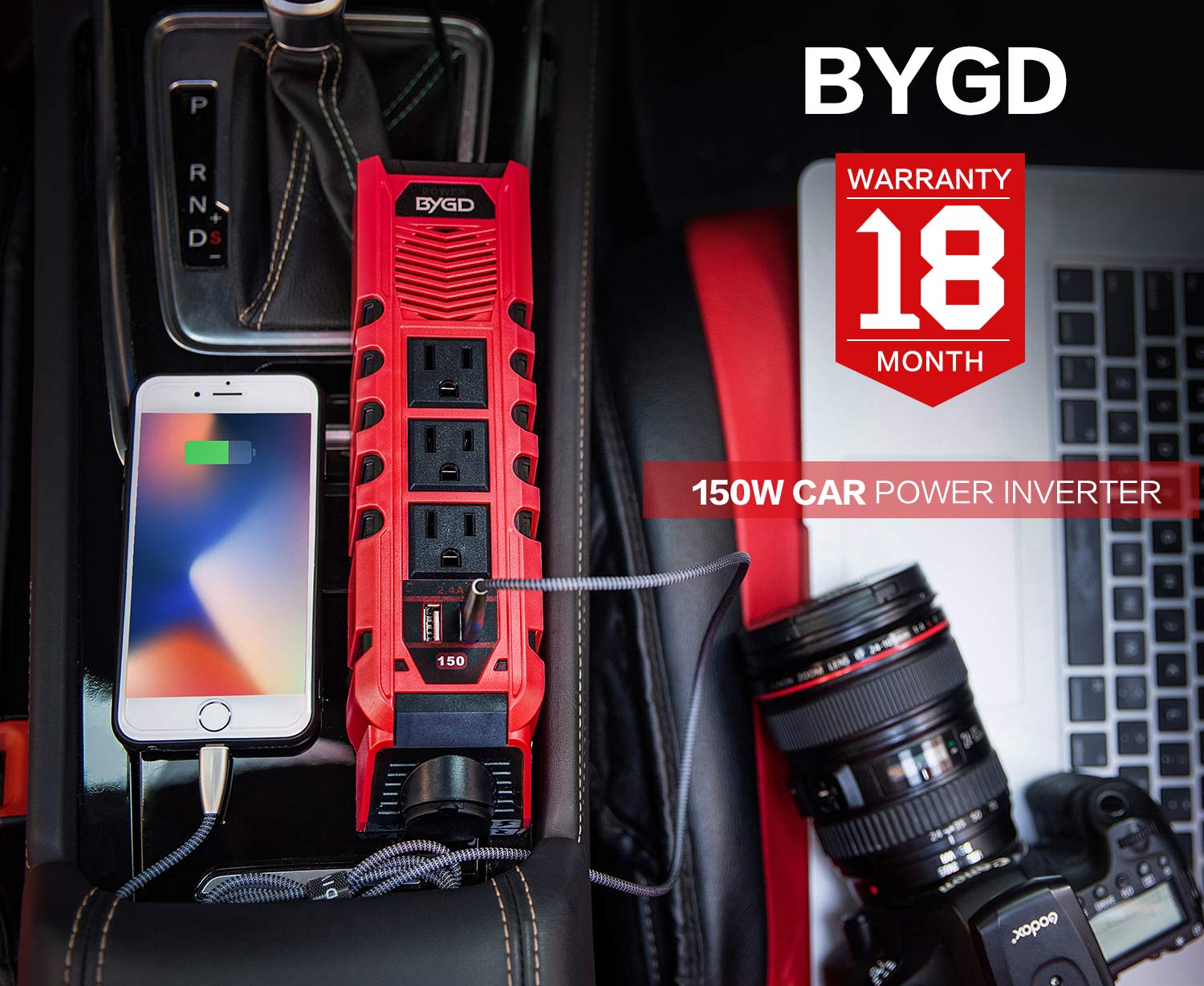 150W Car Power Inverter DC 12V to 110V AC Converter with 3 AC Outlets & 2 USB Ports (2.4A) - Cigarette Lighter Adapter for Road Trips, Camping & Charging Laptops/Devices On The Go