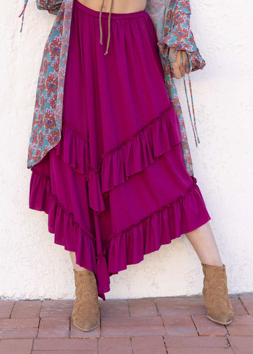 Theresa Skirt in Berry - Women's A-Line Midi Skirt with Pockets, Floral Print, Comfortable Stretchy Fabric - Perfect for Office, Date Night & Spring Outfits