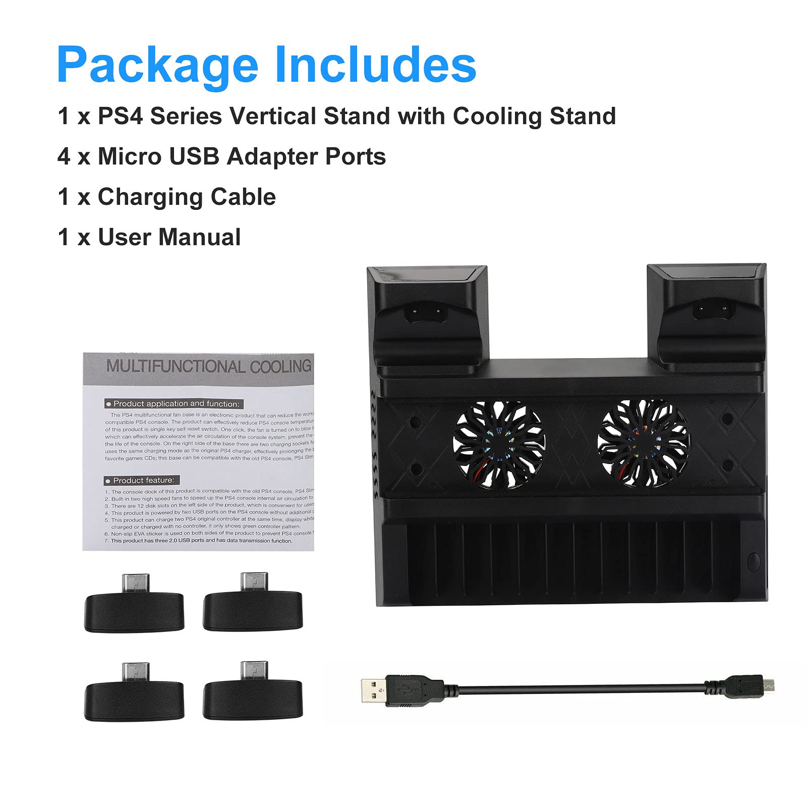 EEEKit PS4 Cooling Fan with Vertical Stand, 2 Controller Charging Stations & 12 Game Storage - Compatible with PlayStation PS4, PS4 Slim, PS4 Pro - Perfect for Gaming Sessions & Console Protection