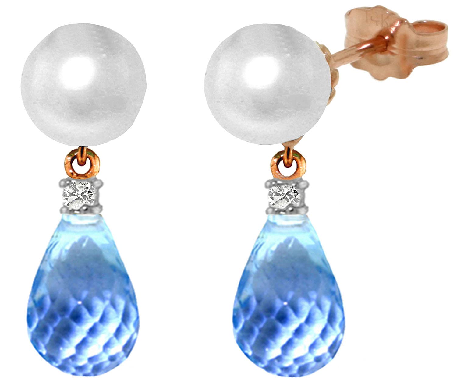 14K Rose Gold Pearl & Blue Topaz Drop Earrings for Women | Elegant Dangle Earrings for Wedding, Party & Special Occasions | Galaxy Gold GG Collection