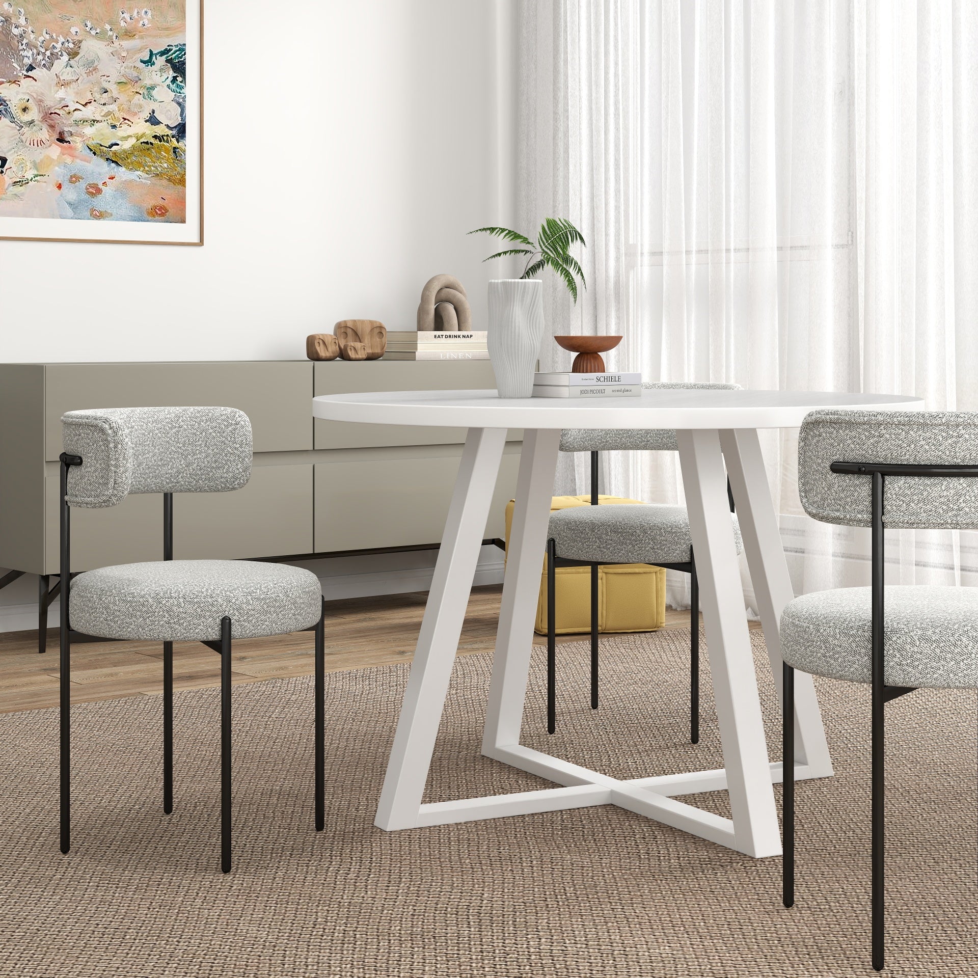 Roundhill Furniture Durban 5-Piece Round Wood Dining Table Set with 4 Boucle Chairs - Perfect for Small Spaces, Breakfast Nooks & Cozy Family Meals