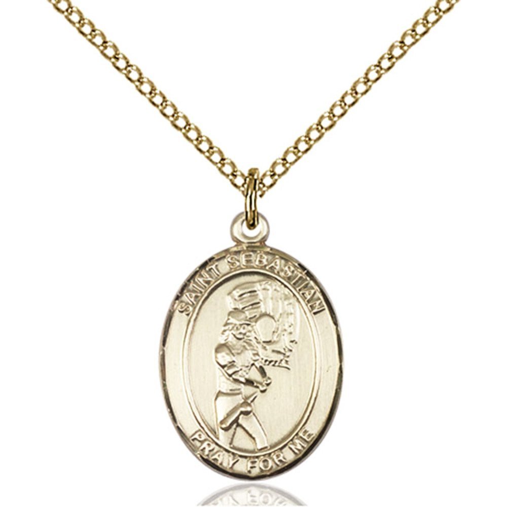Bonyak Jewelry St. Sebastian Softball Medal Pendant - Handcrafted 14K Yellow Gold-Filled Oval Charm for Athletes, Sports Fans & Religious Jewelry Lovers - Perfect for Gifts, Game Days & Everyday Wear