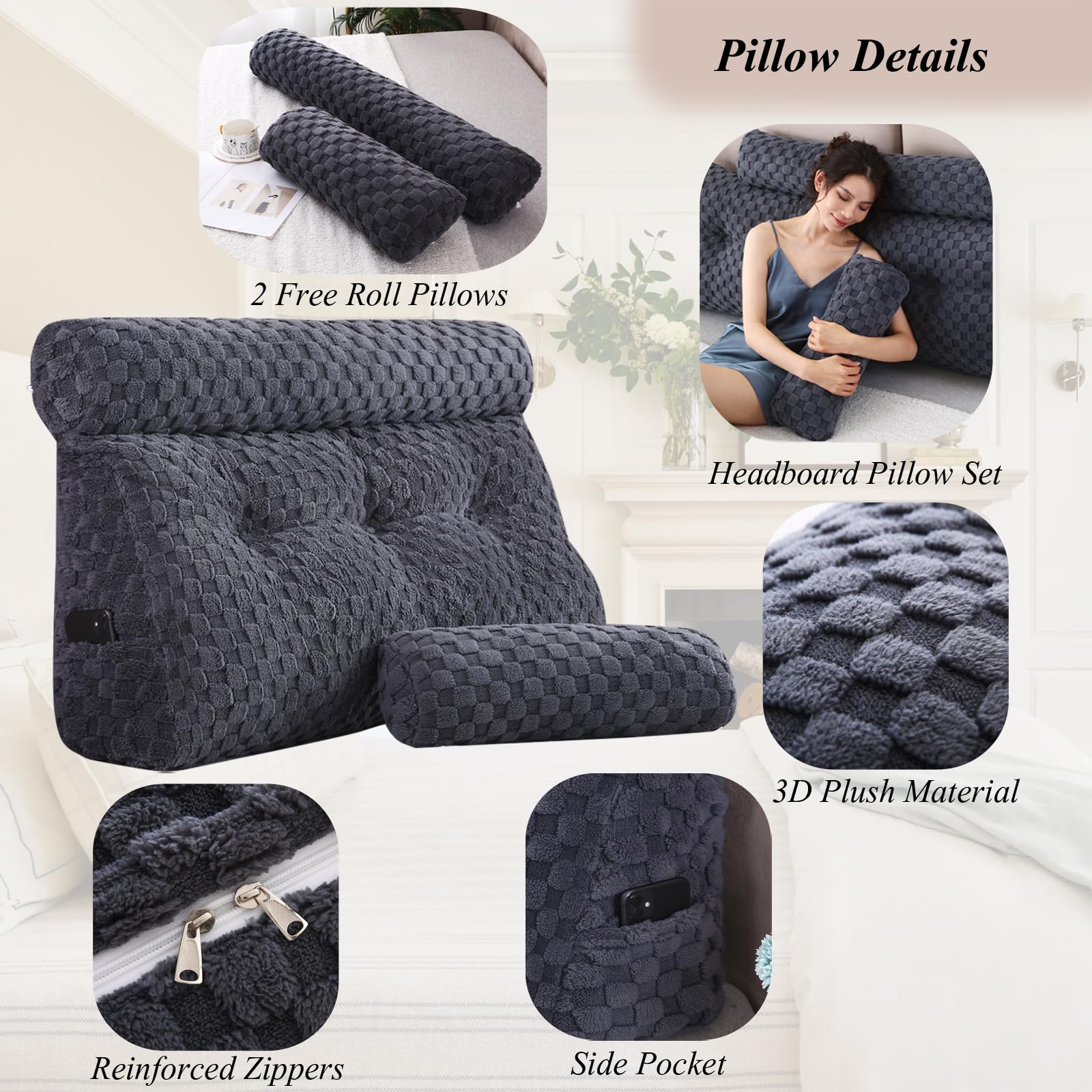 Wedge Headboard Pillows Set - Long & Short Bolster Pillows for Bed Backrest, Comfortable Sitting & Reading in Bed - Perfect for Relaxation, Watching TV, and Lounging