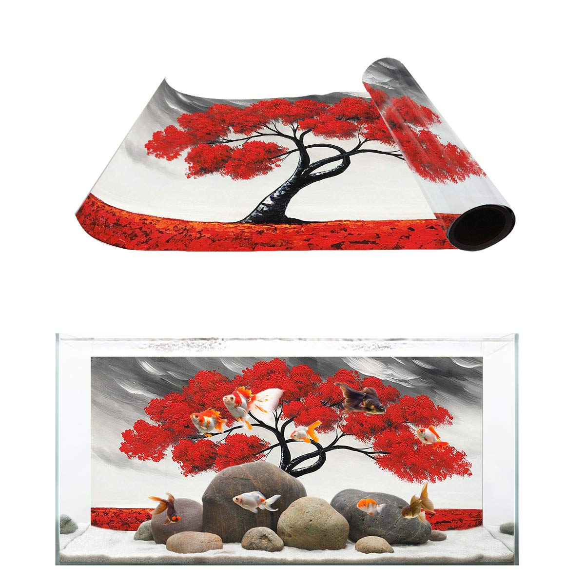 Red Maple Tree Aquarium Background - PVC Adhesive Fish Tank Decoration for Home & Office