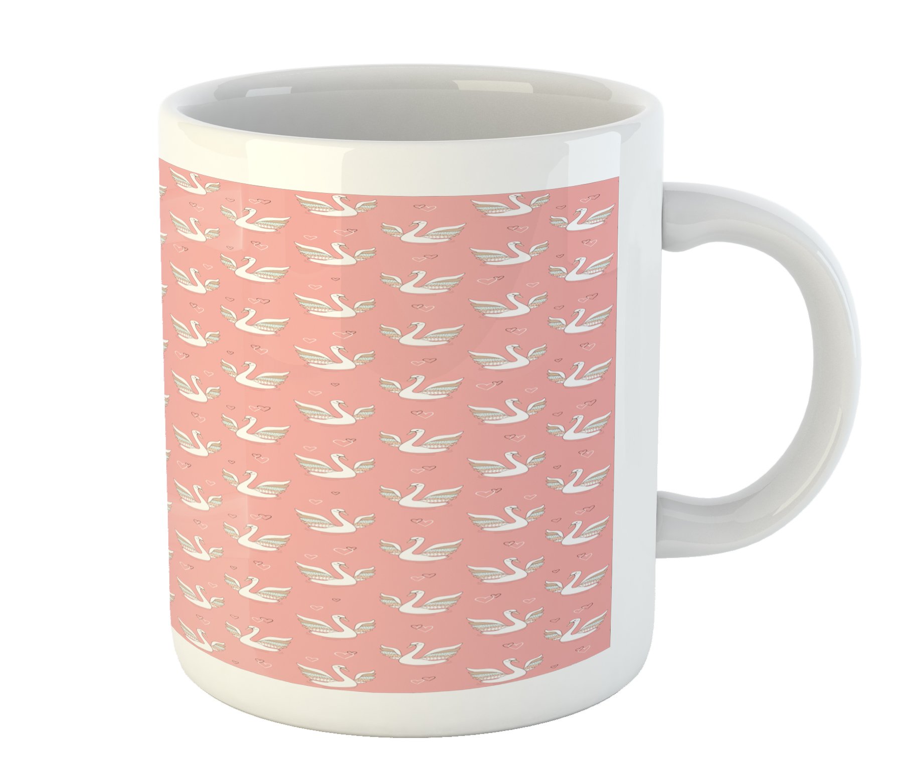 Ambesonne Swan Ceramic Coffee Mug - Hand Painted White Birds with Coral Backdrop & Heart Patterns - 15oz Tea & Hot Drink Cup for Home, Office, Gifts - Dishwasher Safe Multicolor Printed Mug