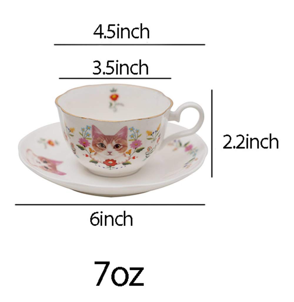 123Arts Ceramic Cat and Flower Coffee Mug Teacup Set with Saucer - Cute Cat-Themed Tea Cup for Coffee, Tea & Hot Drinks - Perfect for Home, Office & Gifts