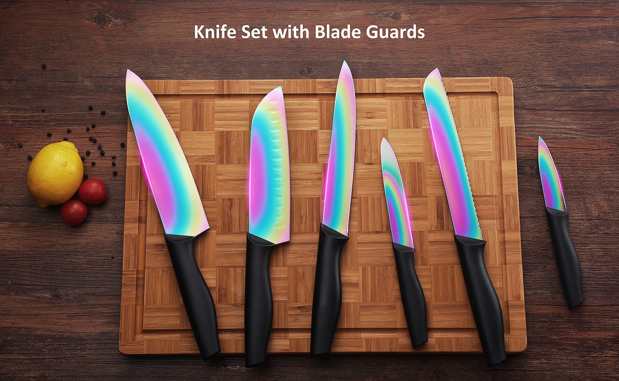 KYA36 Rainbow Titanium 12-Piece Stainless Steel Kitchen Knives Set with Sheath & Long Handle Spoons - Professional Chef Knife Set for Cooking, Slicing, Dicing - Perfect for Home Kitchen, Restaurant, Camping
