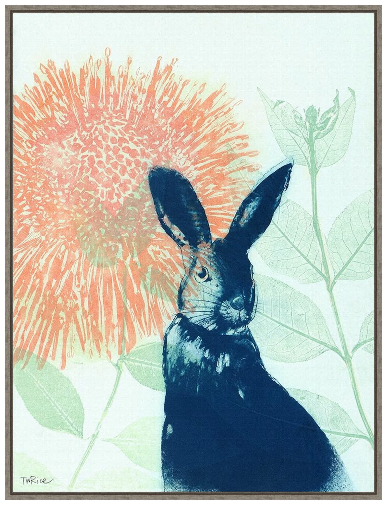 Amanti Art Framed Canvas Wall Art - Pink Waratah & Blue Rabbit Floral Painting by Trudy Rice, 23x30 Inches, Sylvie Greywash Frame - Large Size Home Decor for Living Room, Bedroom & Office