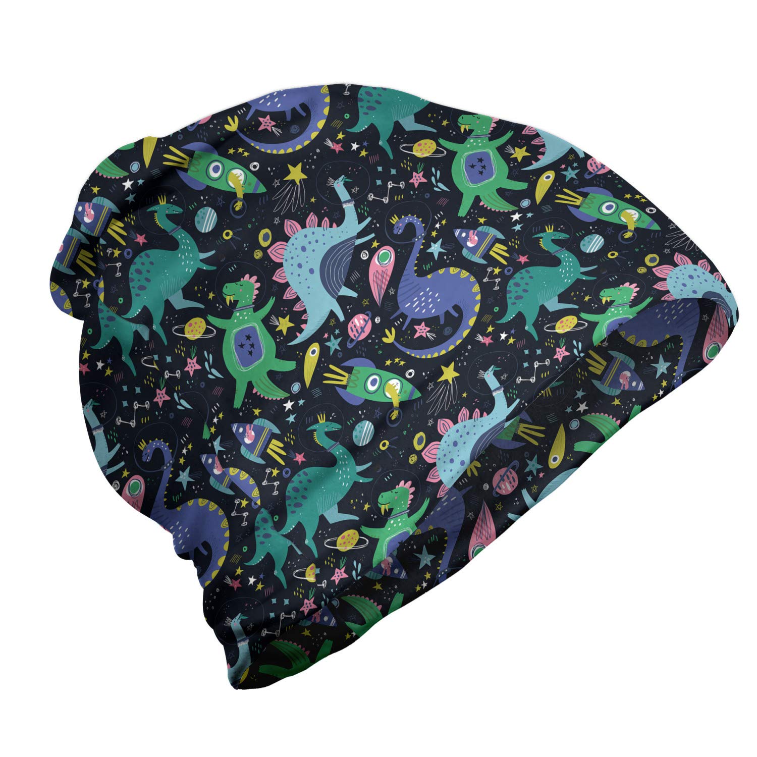 Ambesonne Unisex Space Dinosaur & Planets Beanie - Warm Winter Hat for Men & Women - Perfect for Hiking, Camping & Outdoor Activities