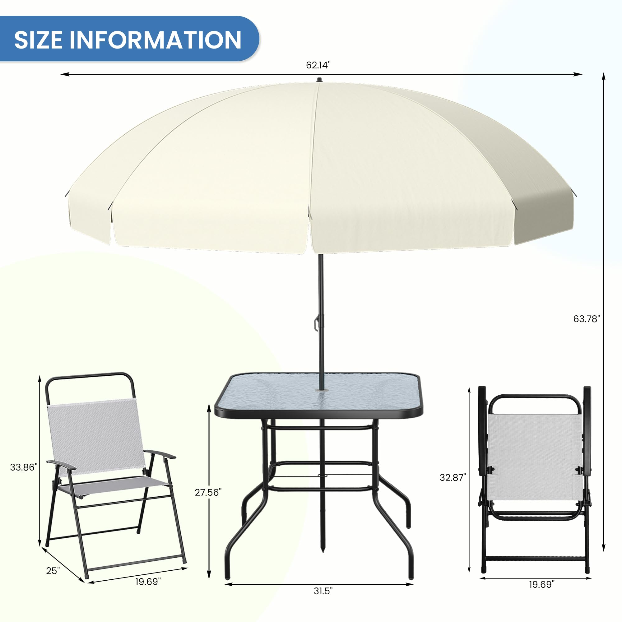 **UDPATIO 6-Piece Outdoor Patio Dining Set with Umbrella - 4 Folding Chairs & Tempered Glass Table - Perfect for Deck, Backyard, Poolside, Lawn, Garden - Weather-Resistant & Space-Saving Grey Furniture**    (场景补充: **Ideal for BBQs, Family Gatherings, and Relaxing Outdoors**)