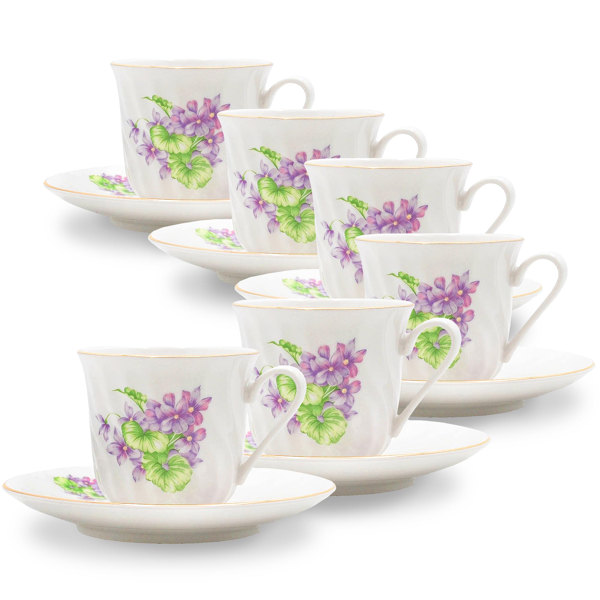 Vintage Floral Tea Cup and Saucer Set with Gold Trim & Embossed Swirls - 6-Piece Porcelain Marguerite Tea Set for Afternoon Tea, Bridal Showers, and Elegant Parties - Perfect for English Tea Time and Special Celebrations