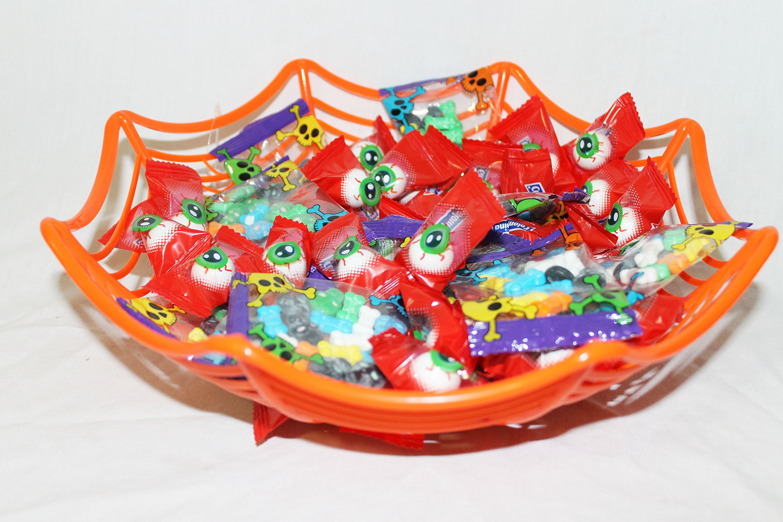 Halloween Spiderweb Candy Basket with Bubblegum Eyeballs, Skull & Bone Sweets - 3 Piece Party Treat Bundle for Trick or Treat, Haunted House Decor & Spooky Gift Giving