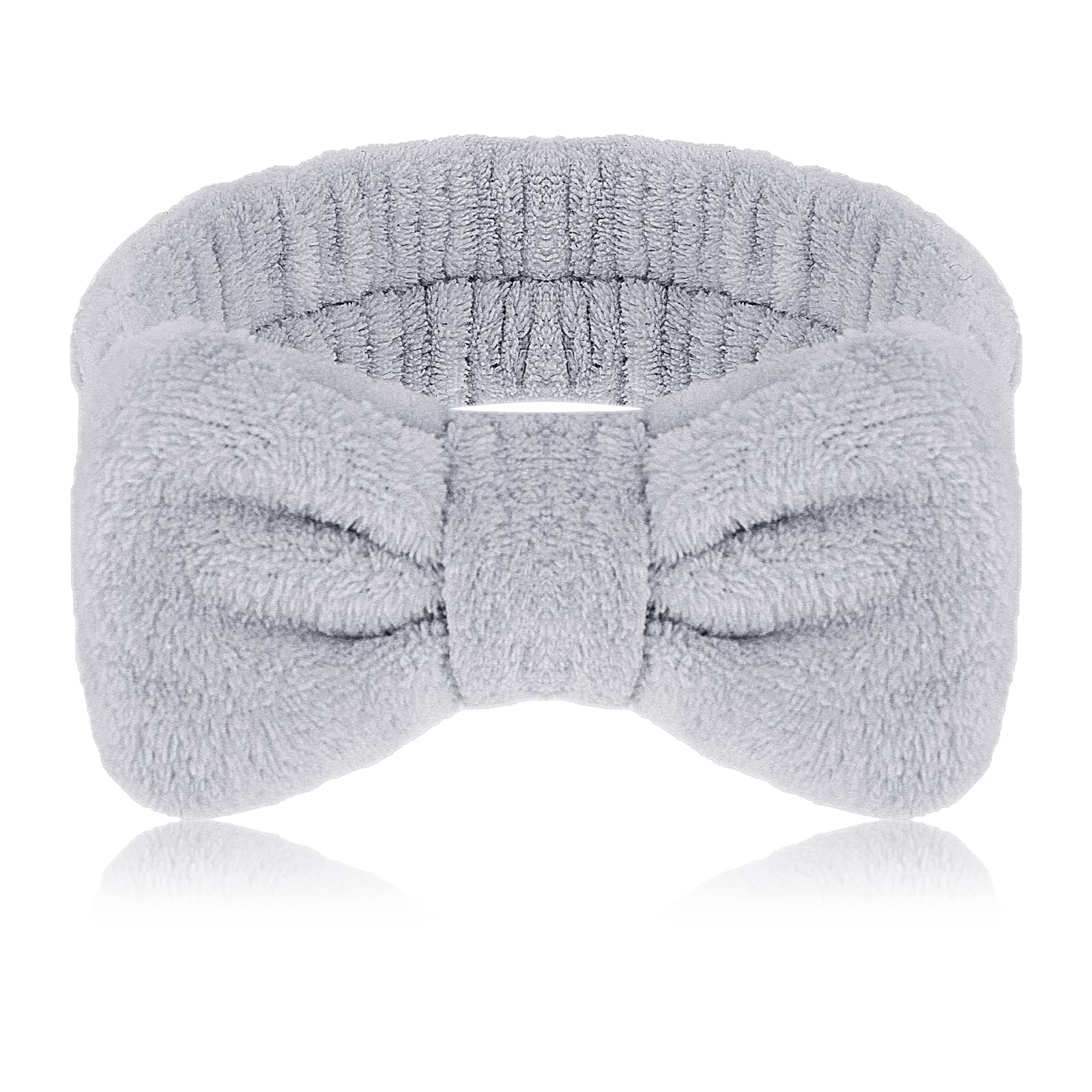 Molain Spa Headband for Women - Soft Coral Fleece Elastic Hair Band with Bowknot Design, Perfect for Washing Face, Shower, Skincare & Sports | Grey Beauty Accessory