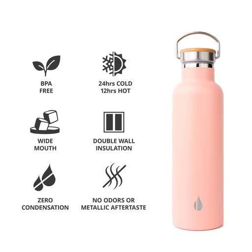 Elemental Classic 25oz Stainless Steel Water Bottle - Double Wall Insulated Thermos with Bamboo Lid, Leak Proof & Sweat Proof - Perfect for Travel, Gym, Hiking & Outdoor Activities - Matte Rose Finish for Stylish Hydration