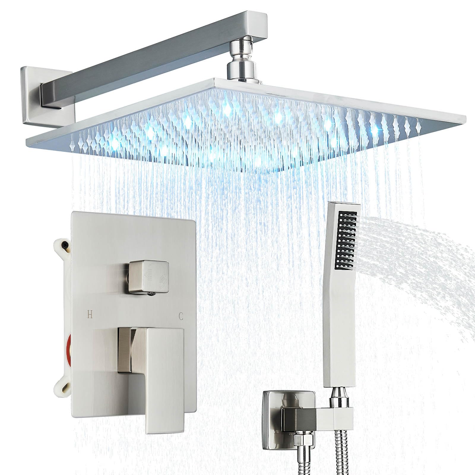 12 Inch Brushed Nickel LED Rainfall Shower Head with Handheld Combo - Brass Rain Shower Mixer Set with Rough-in Valve Body & Trim - Perfect for Modern Bathroom Renovation and Spa-like Shower Experience