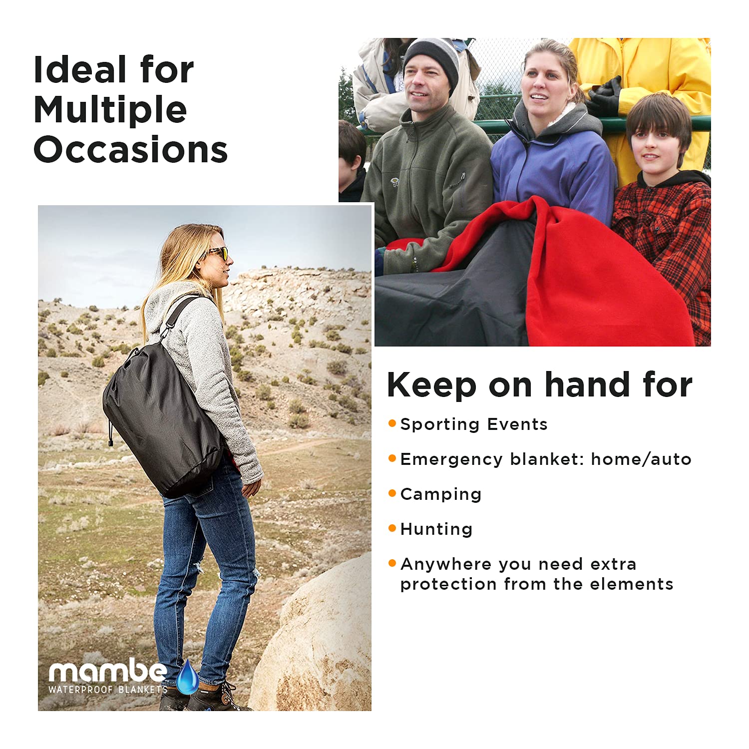 Mambe Extreme Weather Outdoor Blanket - Large Black 100% Waterproof Windproof Fleece & Nylon Throw - Machine Washable for Camping, Hiking, Picnics, Beach & Emergency Survival Gear