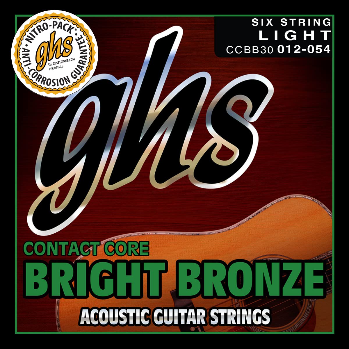 GHS Strings - Contact Core Bright Bronze Acoustic Guitar Strings - Light Gauge 12-54 - Model CCBB30 - Perfect for Folk, Country & Fingerstyle Playing