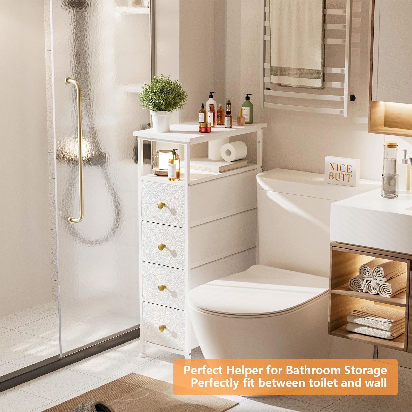 Slim White Dresser for Bedroom - 4 Fabric Drawer Storage Tower with Wood Shelf | Space-Saving Organizer for Small Spaces, Bathroom, Laundry & Closet | Perfect for Apartments, Dorms & Tiny Homes