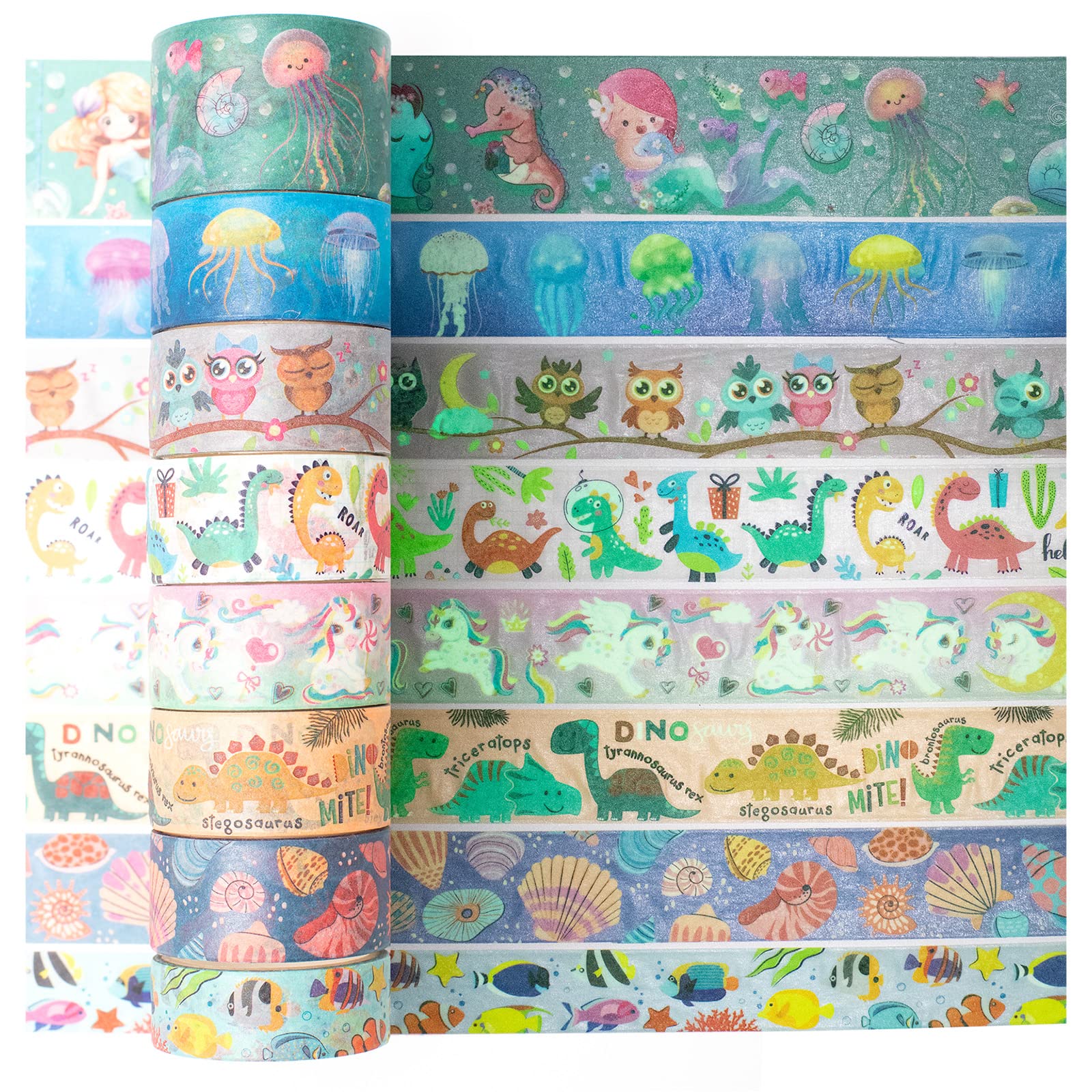 Glow in The Dark Washi Tape Set - 8 Rolls Cute Creatures Decorative Masking Tapes for DIY Crafts, Scrapbooking, Journaling, Planner Decor & Gift Wrapping | Perfect for Nighttime Projects, Kids' Rooms & Creative Arts