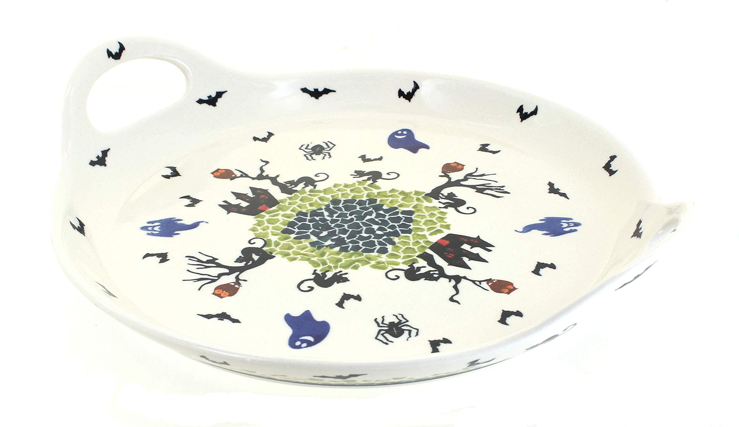 Handmade Blue Rose Polish Pottery Monster Mash Round Serving Tray with Handles - Perfect for Halloween Parties, Home Decor & Gift Giving
