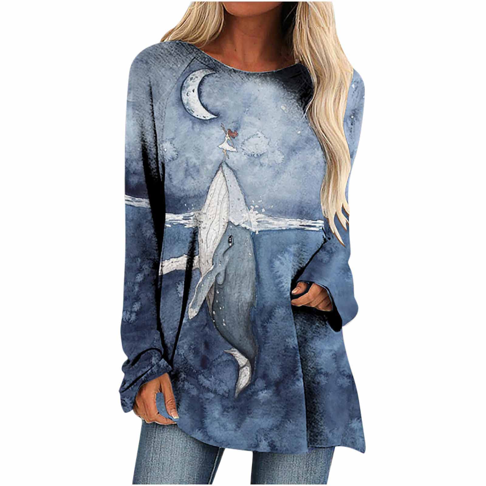 HUAYUANQV Women's Plus Size Oversized Graphic Whale Print T-Shirt - Crew Neck Long Sleeve Casual Top for Teen Girls & Women - Perfect for Streetwear, Loungewear, and Everyday Fashion