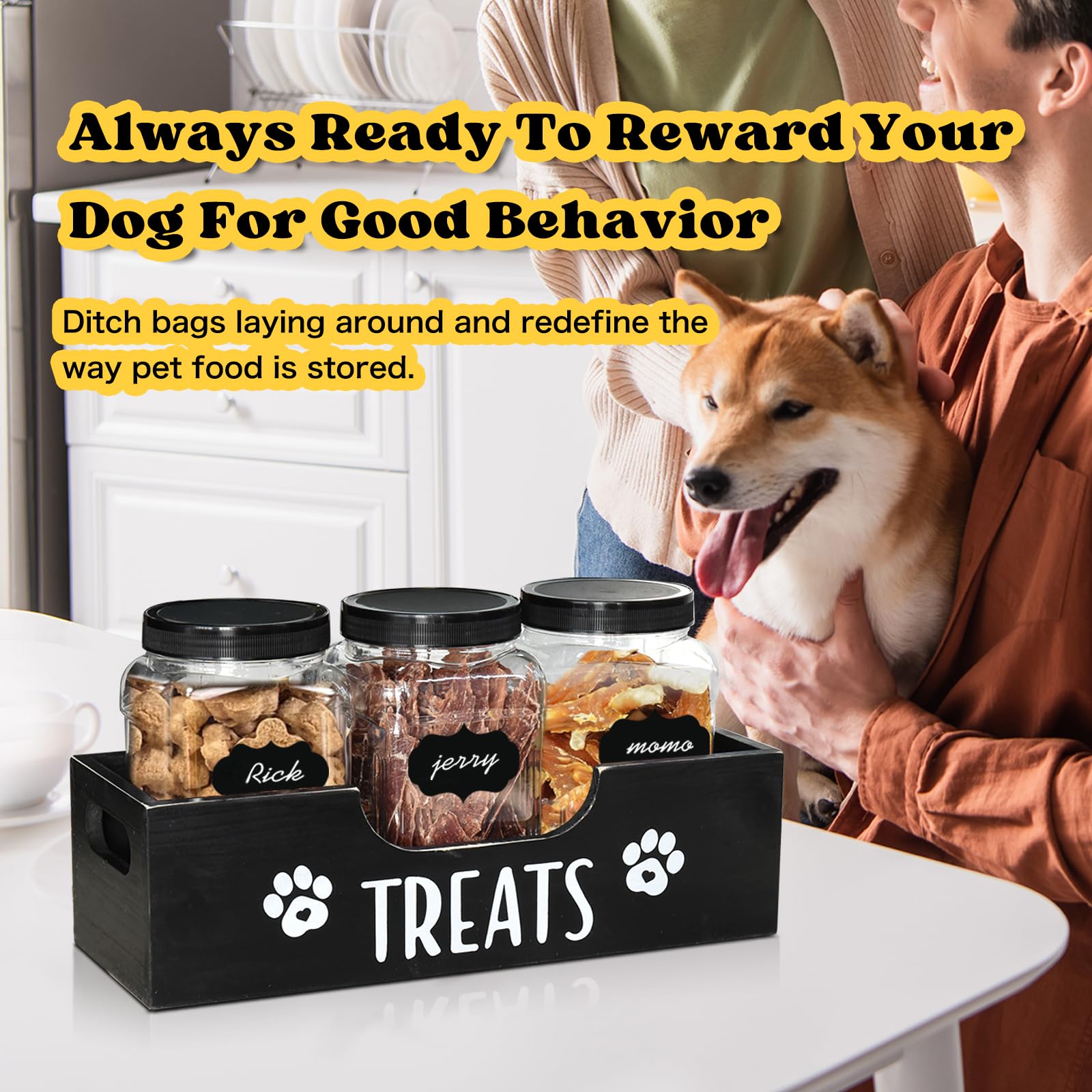 Farmhouse Style Wooden Dog Treat Storage Container with 3 Plastic Jars - Pet Food Organizer for Dogs, Cats & Small Animals - Perfect for Kitchen Counter, Pantry or Pet Feeding Station